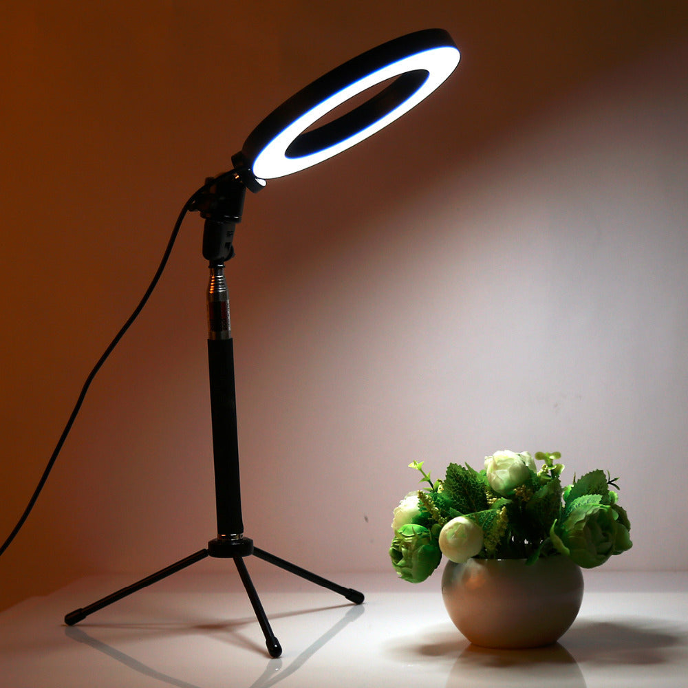 Apple-Compatible Adjustable LED Ring Fill Light with Floor Tripod for Photography