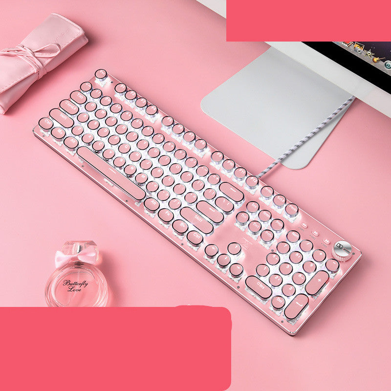 Pink Retro Punk Mechanical Keyboard with Green Switch Round Keys for Girls