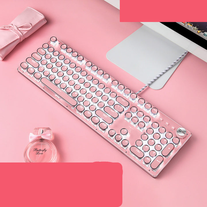 Pink Retro Punk Mechanical Keyboard with Green Switch Round Keys for Girls