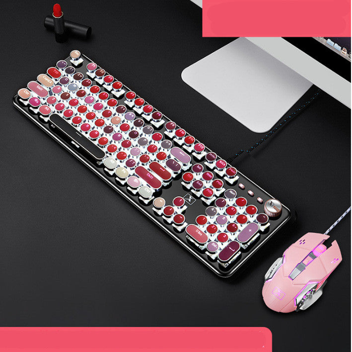 Pink Retro Punk Mechanical Keyboard with Green Switch Round Keys for Girls