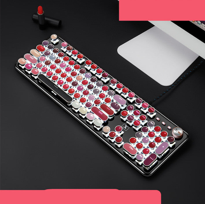 Pink Retro Punk Mechanical Keyboard with Green Switch Round Keys for Girls