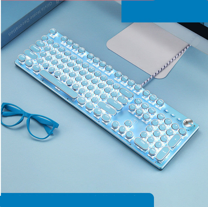 Pink Retro Punk Mechanical Keyboard with Green Switch Round Keys for Girls