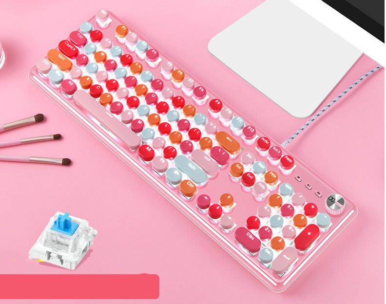 Pink Retro Punk Mechanical Keyboard with Green Switch Round Keys for Girls
