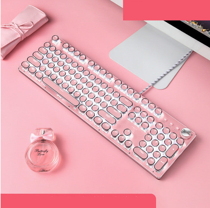 Pink Retro Punk Mechanical Keyboard with Green Switch Round Keys for Girls