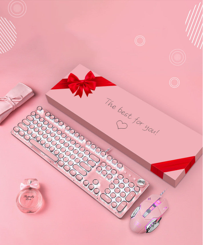 Pink Retro Punk Mechanical Keyboard with Green Switch Round Keys for Girls